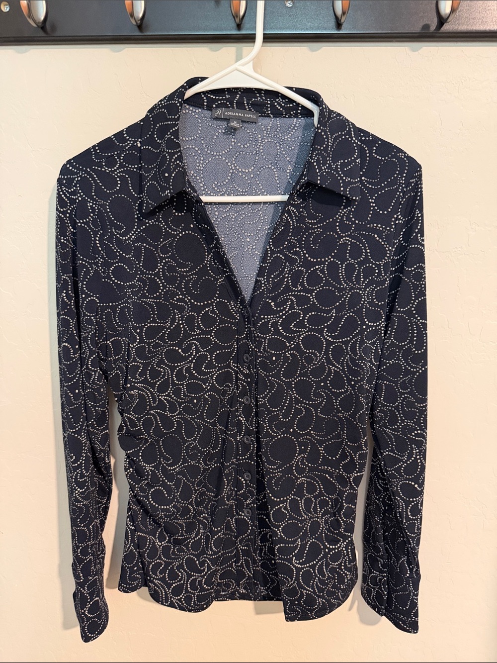 Adrienne Vittadini Navy Button-Front Dot-Swirl Shirt